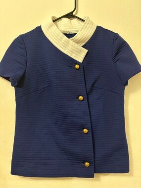 Vintage 60s Gay Gibson Navy w gold button up blouse size small